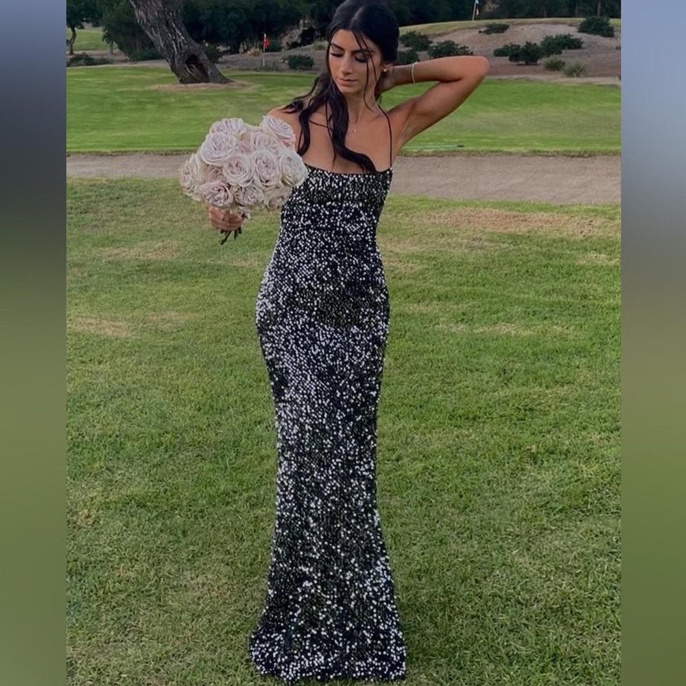 Mac Duggal Strappy Back Black and Silver Sequin Gown